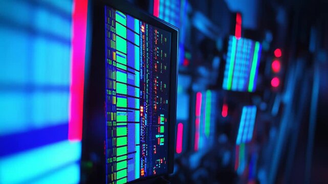 Digital data streams scroll across multiple monitors in a dark server room, visualizing algorithmic processes, network activity and cloud driven analytics in blue green glow