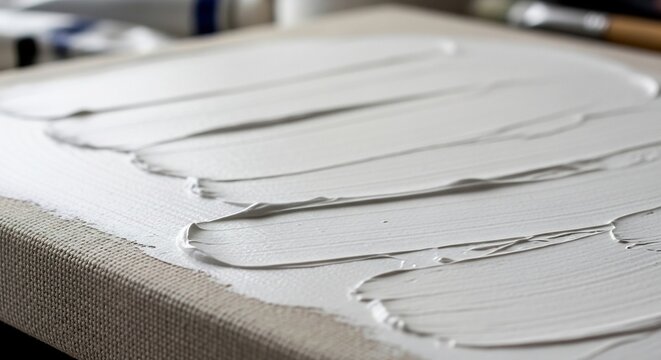 Artist preparing a blank canvas with thick strokes of white gesso primer for painting.