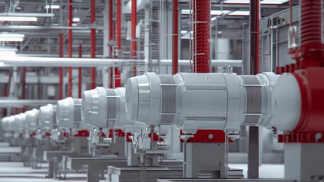 Industrial facility featuring rows of automated machinery and advanced engineering systems, powering manufacturing processes with clean, high tech equipment and infrastructure