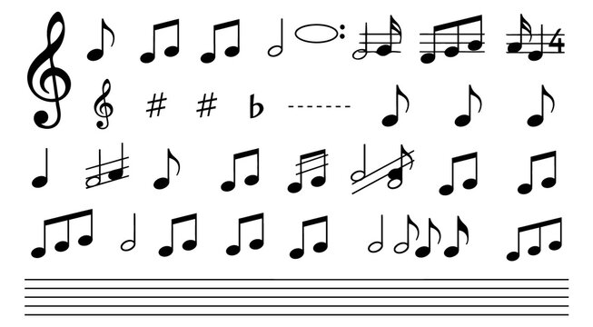 A collection of various musical notes and symbols on a staff