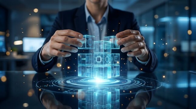 Business Professional Assembling Holographic Data Cubes for Tech Integration