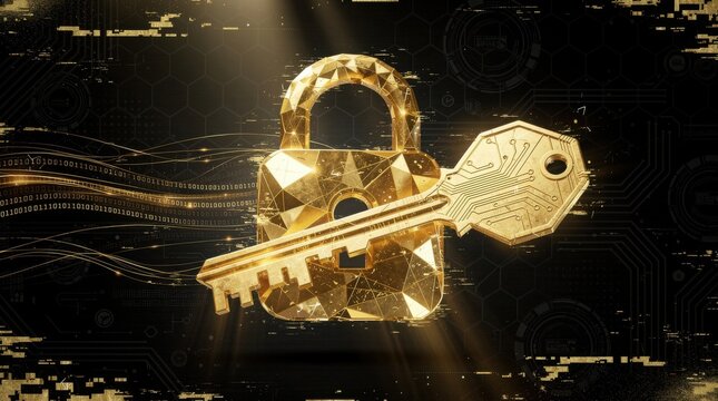 A golden geometric lock and key symbolize cybersecurity, data protection, and encryption against a dark digital background with circuitry and binary code.