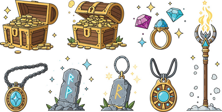 Fantasy treasure items set with chest coins gems rings amulets runestones magic staff cartoon vector illustration collection