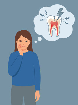 An illustration of a woman holding her cheek in discomfort, conveying the common experience of tooth pain, alongside the visual representation of an aching tooth above.