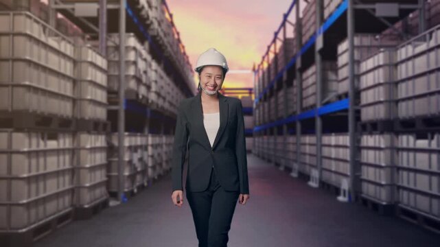 Front View of Asian Businesswoman Walking and Smiling at Warehouse with Stacked Chemical IBC Containers and Barrels at Sunset