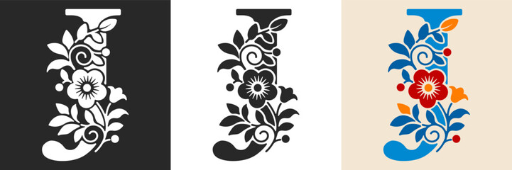 Naklejka premium Capital letter J with floral pattern. Letter A with flowers and leaves. Creative alphabet and decorated typography letter. Vintage patterned font. Isolated on white and black. Vector illustration