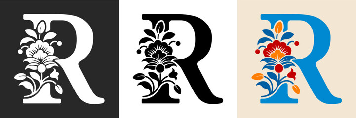Naklejka premium Capital letter R with floral pattern. Letter A with flowers and leaves. Creative alphabet and decorated typography letter. Vintage patterned font. Isolated on white and black. Vector illustration
