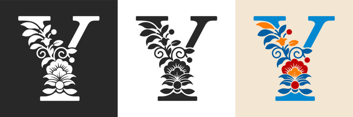 Naklejka premium Capital letter Y with floral pattern. Letter A with flowers and leaves. Creative alphabet and decorated typography letter. Vintage patterned font. Isolated on white and black. Vector illustration