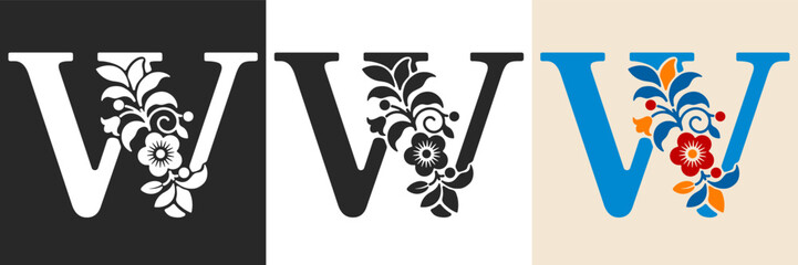 Naklejka premium Capital letter W with floral pattern. Letter A with flowers and leaves. Creative alphabet and decorated typography letter. Vintage patterned font. Isolated on white and black. Vector illustration