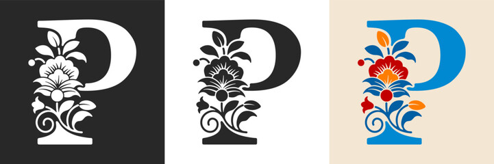 Naklejka premium Capital letter P with floral pattern. Letter A with flowers and leaves. Creative alphabet and decorated typography letter. Vintage patterned font. Isolated on white and black. Vector illustration