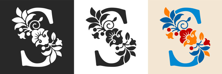 Naklejka premium Capital letter S with floral pattern. Letter A with flowers and leaves. Creative alphabet and decorated typography letter. Vintage patterned font. Isolated on white and black. Vector illustration