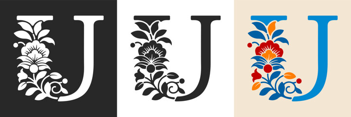 Naklejka premium Capital letter U with floral pattern. Letter A with flowers and leaves. Creative alphabet and decorated typography letter. Vintage patterned font. Isolated on white and black. Vector illustration