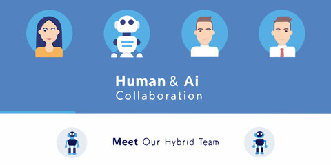 Fototapeta premium Human and ai collaboration illustrated with diverse portraits and robotic figures
