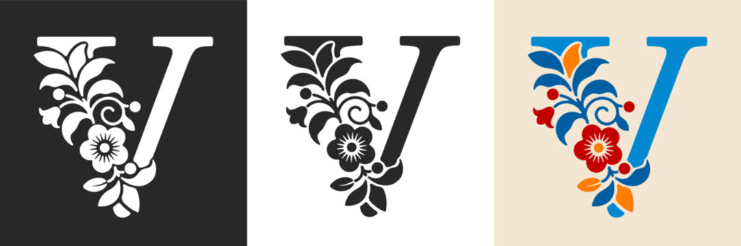 Capital letter V with floral pattern. Letter A with flowers and leaves. Creative alphabet and decorated typography letter. Vintage patterned font. Isolated on white and black. Vector illustration