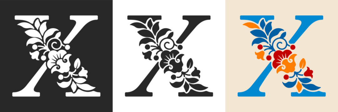 Capital letter X with floral pattern. Letter A with flowers and leaves. Creative alphabet and decorated typography letter. Vintage patterned font. Isolated on white and black. Vector illustration