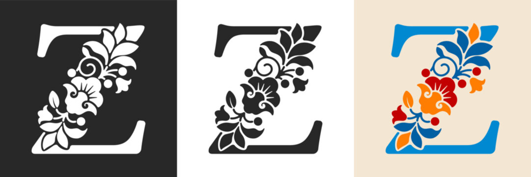 Capital letter Z with floral pattern. Letter A with flowers and leaves. Creative alphabet and decorated typography letter. Vintage patterned font. Isolated on white and black. Vector illustration