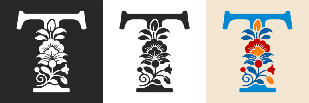 Capital letter T with floral pattern. Letter A with flowers and leaves. Creative alphabet and decorated typography letter. Vintage patterned font. Isolated on white and black. Vector illustration