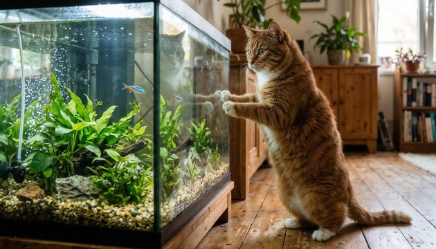 Cat Watching Fish in Aquarium