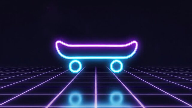 A neon-lit skateboard glows brightly on a grid floor with purple and blue lines in a dark room.