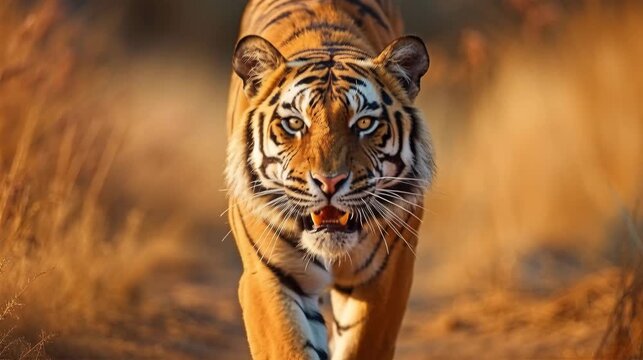 Angry Tiger Walking Toward Camera