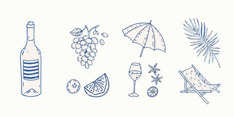Summer vacation themed doodles including wine fruit and beach items © Sujal