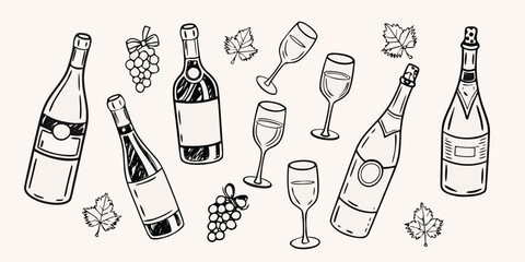 Elegant hand drawn sketch of wine bottles glasses and grape bunches © Sujal