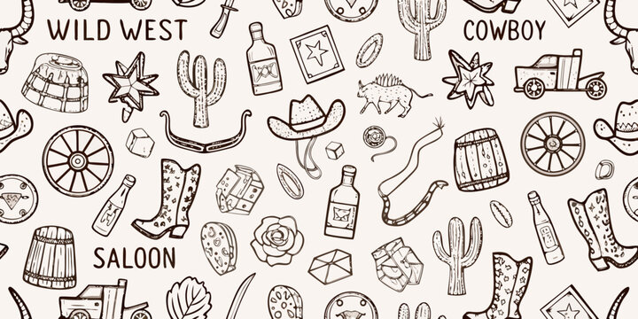 A vintage hand drawn wild west themed seamless pattern with various elements