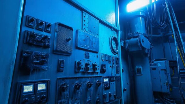 Abstract control panel filled with analog gauges, knobs, buttons, and switches under a cool blue light, conveying retro technology and complex machinery