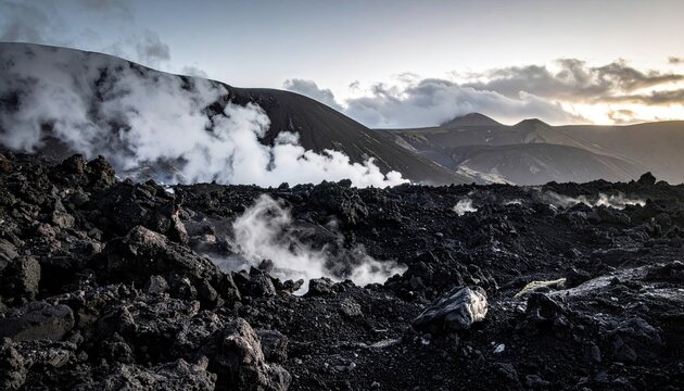 Volcanic landscape with steaming vents and rugged black lava rocks under a cloudy sky at sunrise for geothermal energy concept