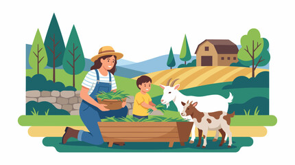 Naklejka premium A heartwarming scene of a mother and child interacting with farm animals, symbolizing family bonding, nurturing, and the joy of nature and agriculture.