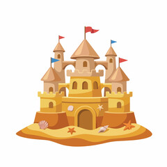 Fototapeta premium A beautiful sand castle featuring towers with flags and decorated with seashells, evoking a sense of childhood memories and summer beach fun, capturing the essence of beach life.