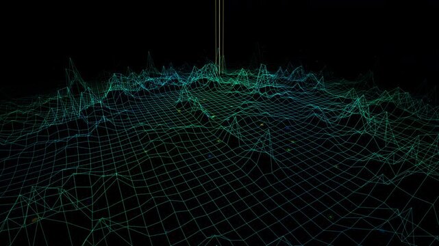 Overlapping waveform mesh violently fragments with crimson warning spikes in a dark void. Represents critical system failure and data corruption, ideal for cybersecurity explainer videos.