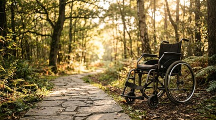 Fototapeta premium Empty manual wheelchair parked next to a stone path in a green forest. Accessibility in nature and outdoor mobility concept. Sunlight filtering through trees