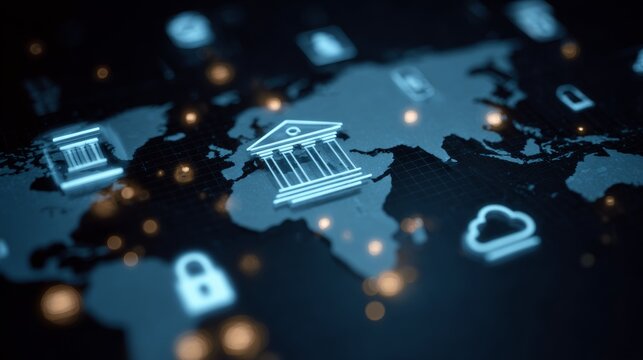 Digital map showing global bank icons and security symbols on a dark background with glowing lights representing connections