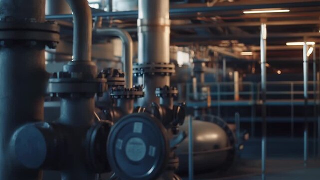 Complex network of interconnected metal pipes and valves for processing and distribution in a modern industrial refinery or manufacturing plant environment
