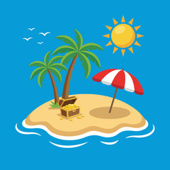 Obraz premium A vibrant tropical island illustration, featuring palm trees, a bright sun, and a treasure chest full of gold coins, embodying the spirit of adventure and relaxation.