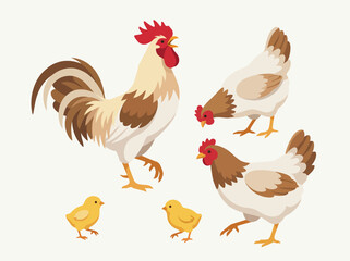 Fototapeta premium A charming illustration featuring a rooster and several chickens, showcasing the vibrancy and liveliness of farm life with yellow chicks and natural colors in a rural setting.