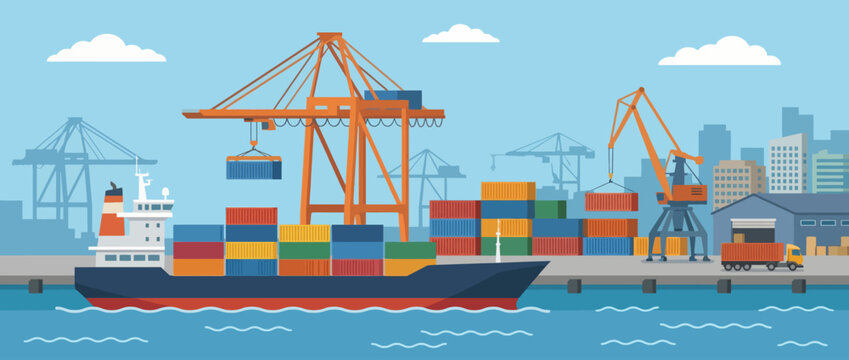 A vibrant illustration featuring a cargo ship at a bustling port, highlighting the logistics and commerce involved in global trade and the transportation of goods.