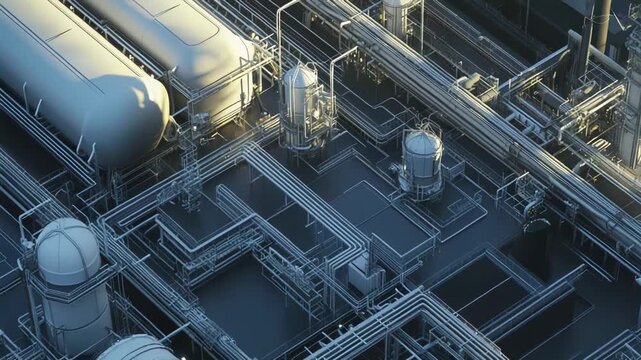 Top down view of a sprawling petrochemical refinery with rows of storage tanks and interlacing metal pipelines forming a complex industrial processing network