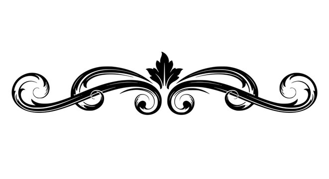 Black symmetrical decorative flourish element featuring central acanthus leaf and ornate swirling scrolls on transparent background