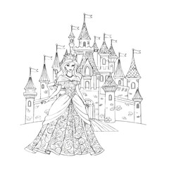 Obraz premium Elegant princess in a gown posing in front of a fairytale castle illustration isolated on transparent background