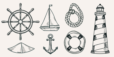 Nautical themed sketch featuring a ship s wheel sailboat lighthouse and more © Suvro