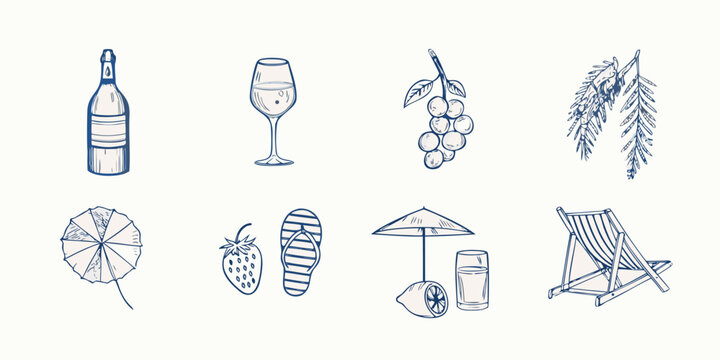 Summer vacation themed sketches drinks fruit beach accessories and more