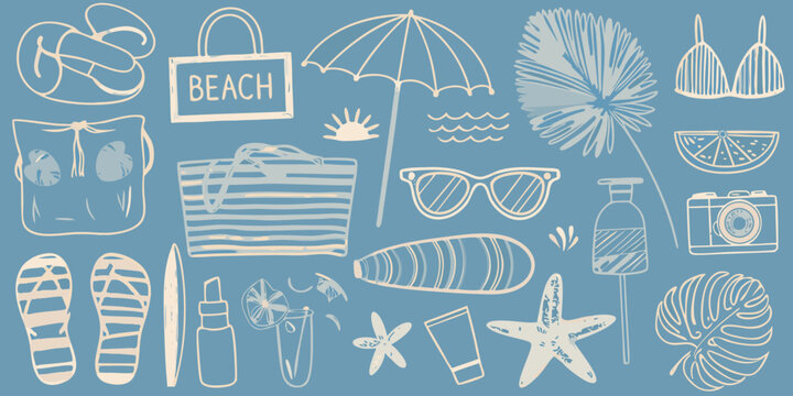 Summer vacation themed doodles beach items and tropical elements