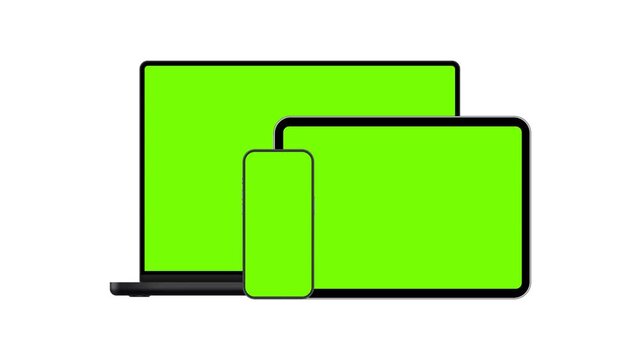 Laptop, tablet and smartphone mockup set with green screens in front view isolated on white background. Responsive device animation for web and mobile interface design presentation