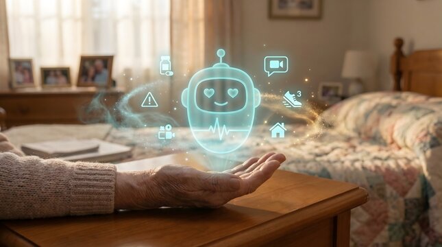 Friendly glowing holographic AI robot and medical heart icons for elderly companion technology