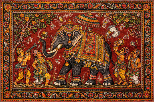Authentic Traditional Pattachitra Painting of a Royal Elephant Procession on Treated Cloth Canvas
