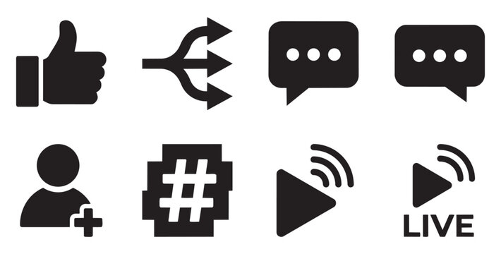 Set of social media engagement solid icons like share chat hashtag live