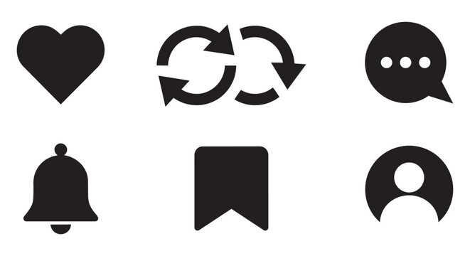 Bundle of social media interaction solid icons like refresh chat notification profile
