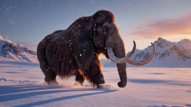 An extinct woolly mammoth roams a snowy landscape, a majestic relic of ancient animals and prehistoric times